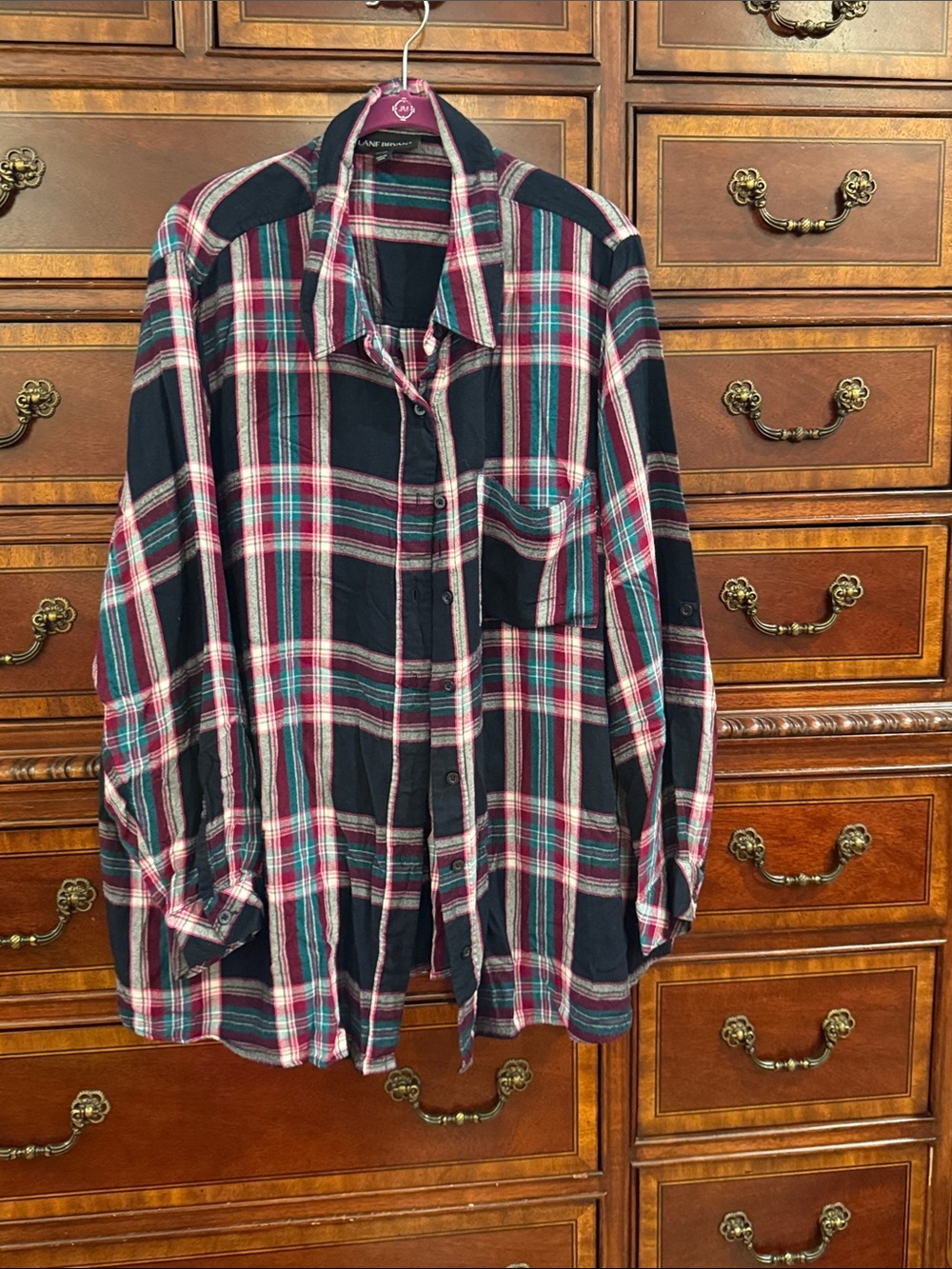 Lane Bryant Plaid Button-Front Blouse in Black, Burgundy and Teal